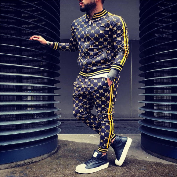 New Colorful Plaid Men Casual Zipper Set Autumn Tracksuit Set Male Sweatshirt