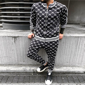 New Colorful Plaid Men Casual Zipper Set Autumn Tracksuit Set Male Sweatshirt