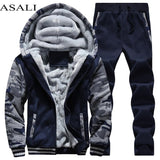 Track Suit Men Jacket+Pant Warm Fur Inside Winter Sweatshirt