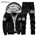 Track Suit Men Jacket+Pant Warm Fur Inside Winter Sweatshirt