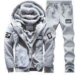 Track Suit Men Jacket+Pant Warm Fur Inside Winter Sweatshirt