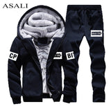 Track Suit Men Jacket+Pant Warm Fur Inside Winter Sweatshirt