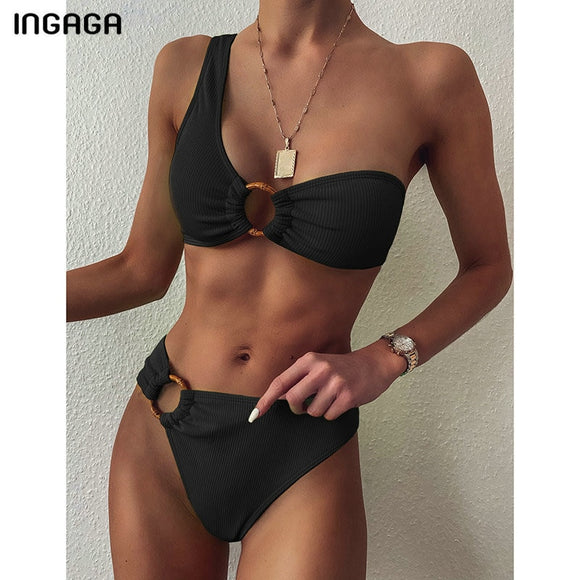 INGAGA One Shoulder Bikinis Swimsuits High Waist Swimwear Women 2020 Black Bathing Suits